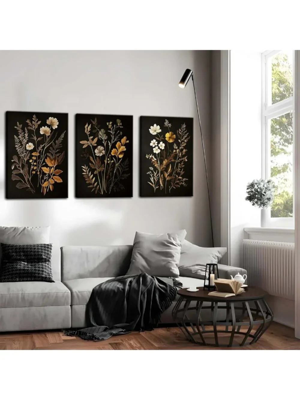 Set of 3 Vintage Black Floral Wall Art Prints - Dark Academia Botanical Decor
